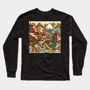 Cute Monkey and Dragon in Japan with Pagoda ,Wave, Flower and Fuji Mount Long Sleeve T-Shirt